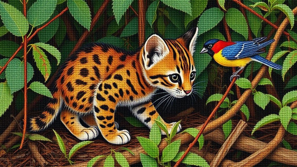 Tawny Brown Wild Cat Crouches in Dense South African Bush