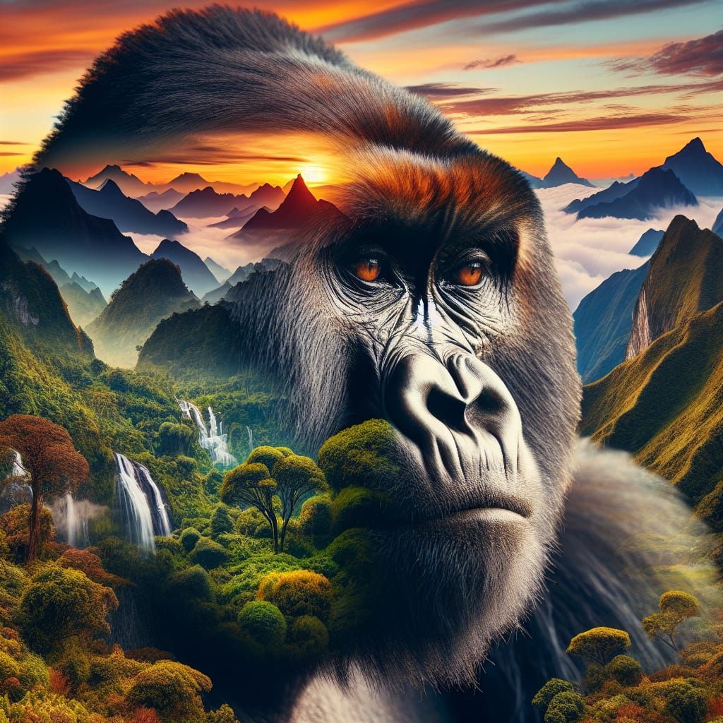 Mountain Gorilla Double Exposure with Sunset Landscape