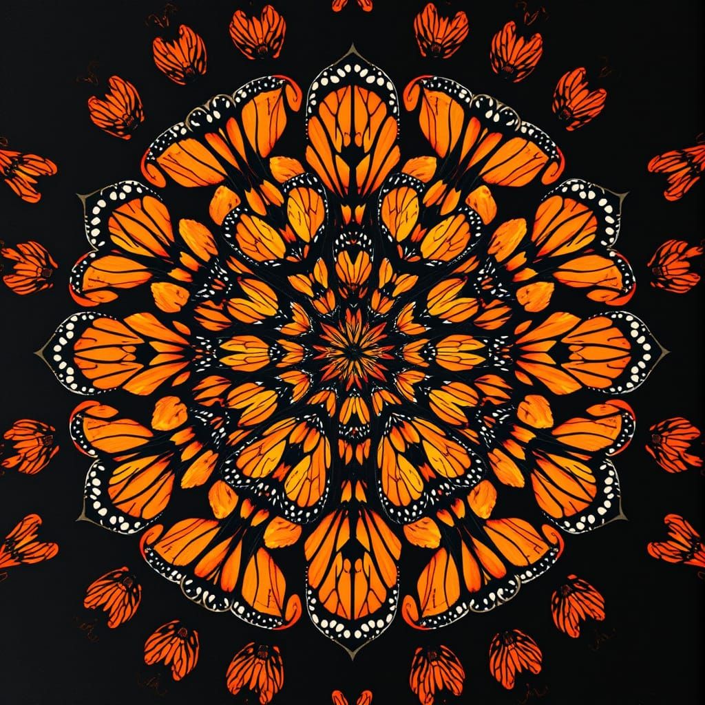 Geometric concentric fractal design made from monarch butterflies with a black background