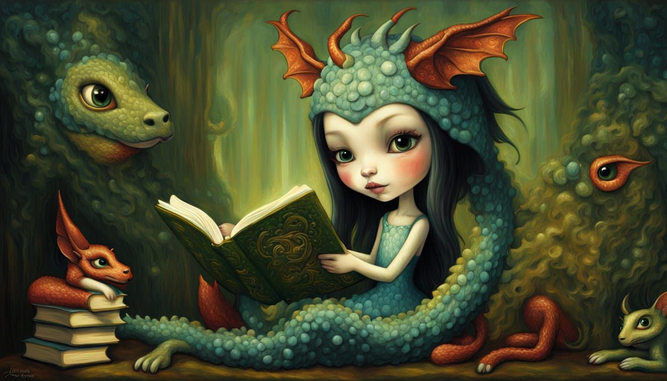 Impasto Portrait of a Cute Little Dragon Girl Reading with H...
