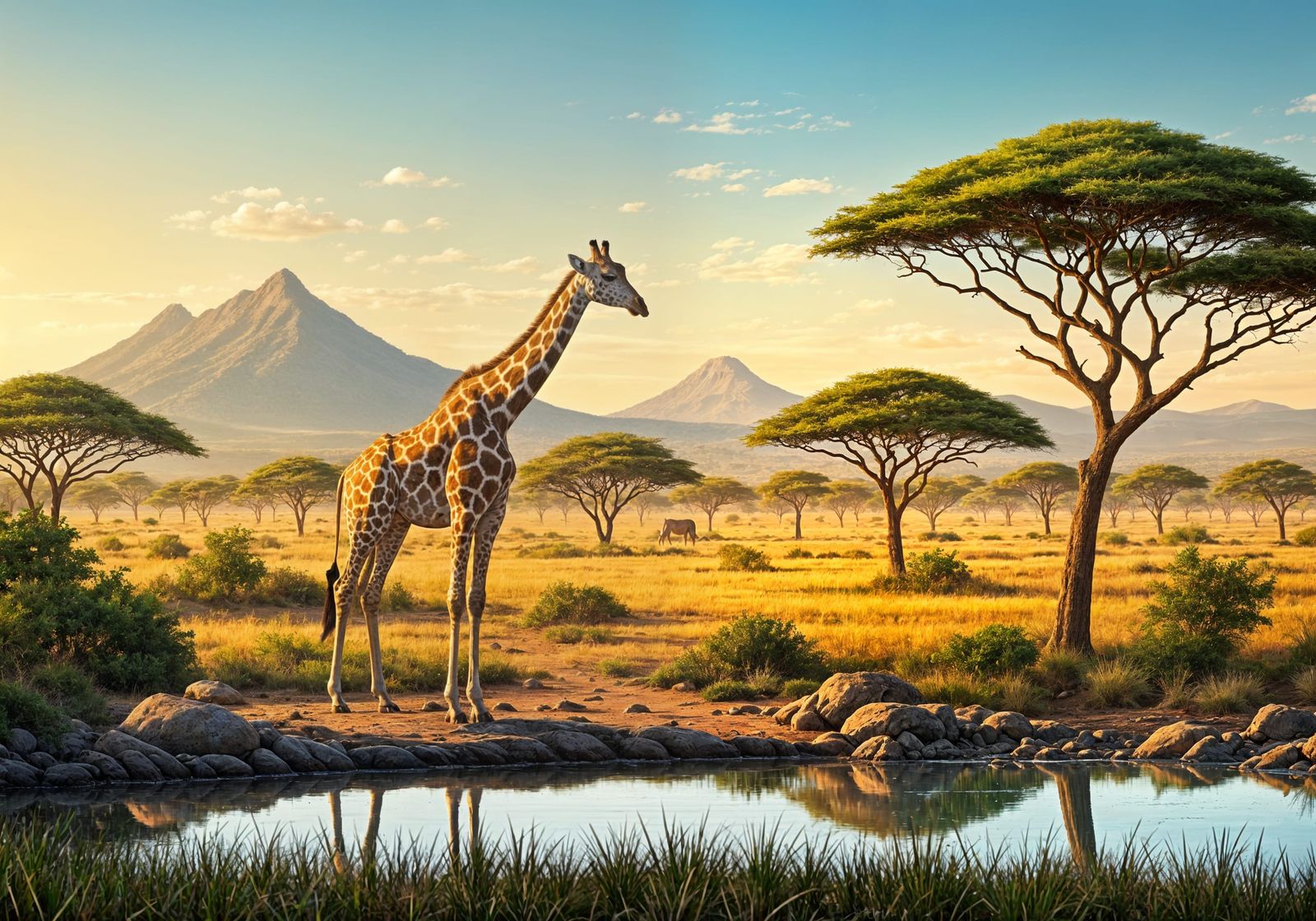 Giraffes at Savanna Waterhole in Golden Sunlight