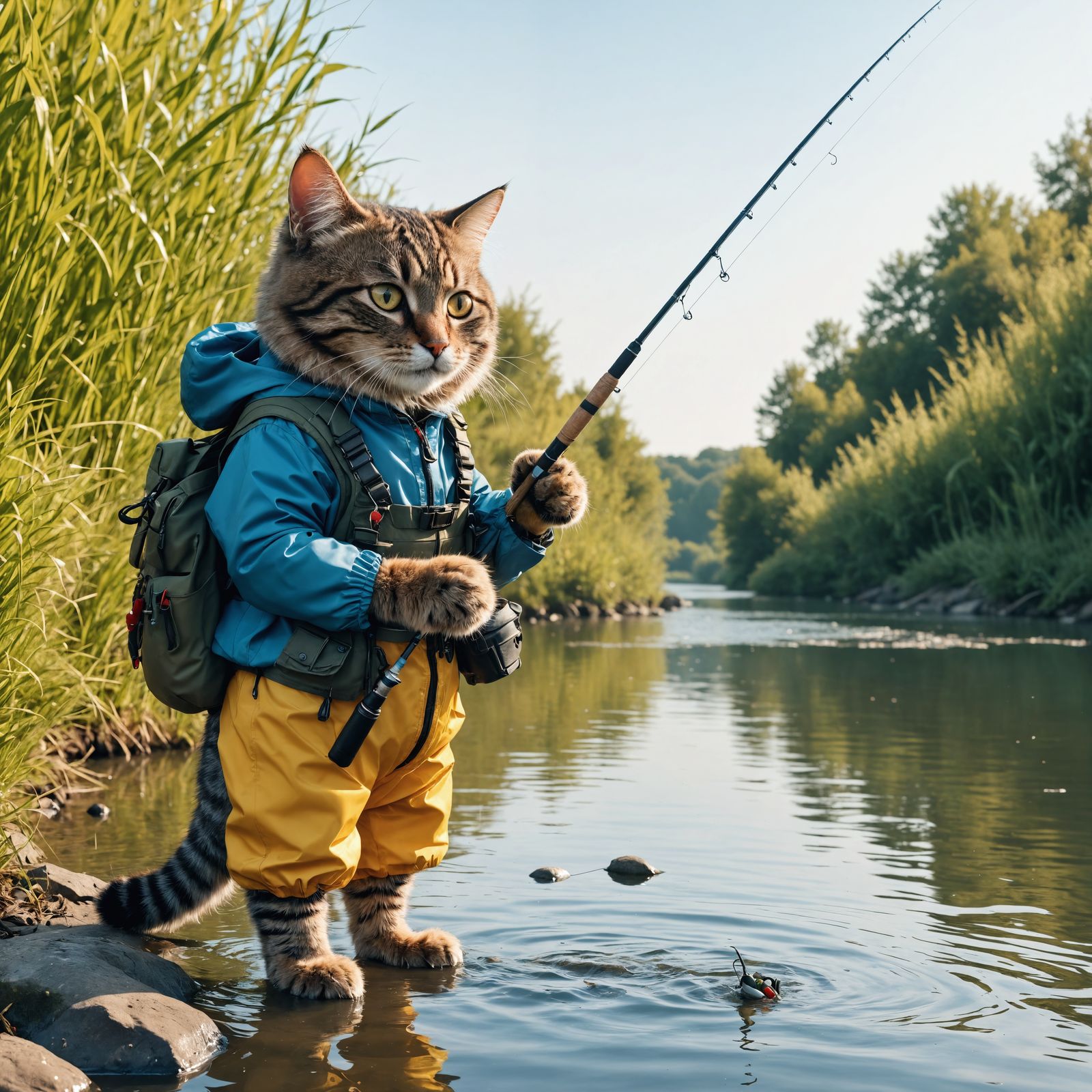 Anthropomorphic Cat Fisherman Ready to Cast