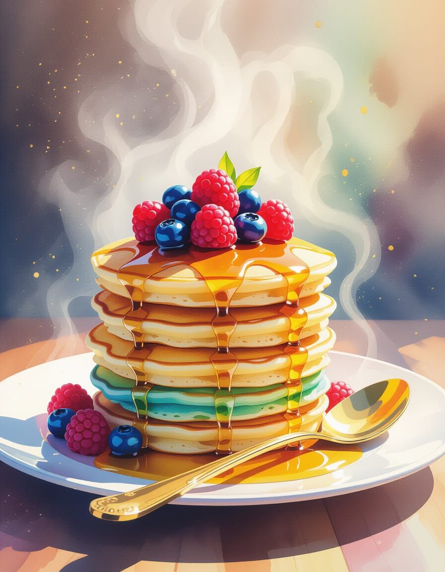 Rainbow Pancakes with Berries in Watercolor Style