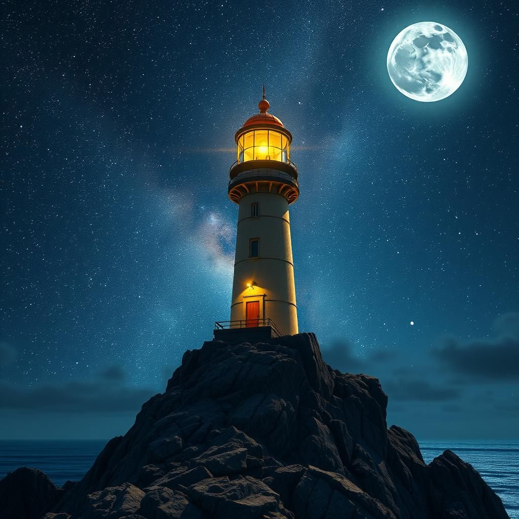 Hyperrealistic Lighthouse Under Starry Night Sky