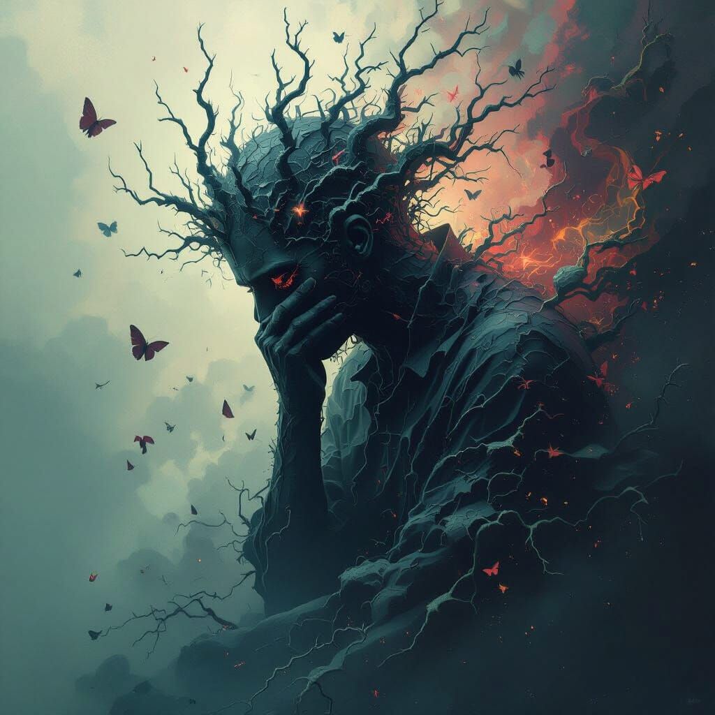 Surreal Angst: Figure Amidst Dreamlike Symbols