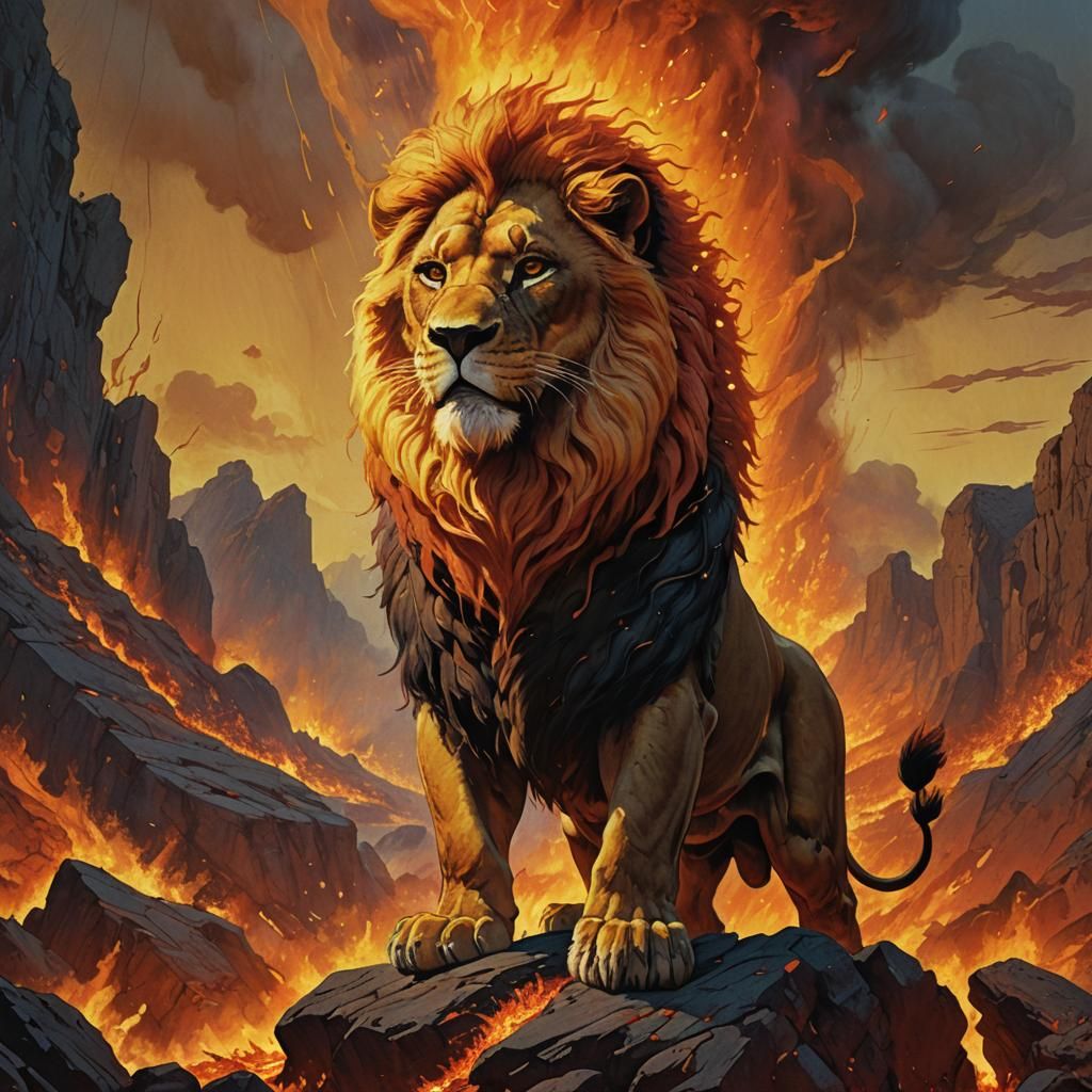 Fiery Lion King in Fantasy Landscape