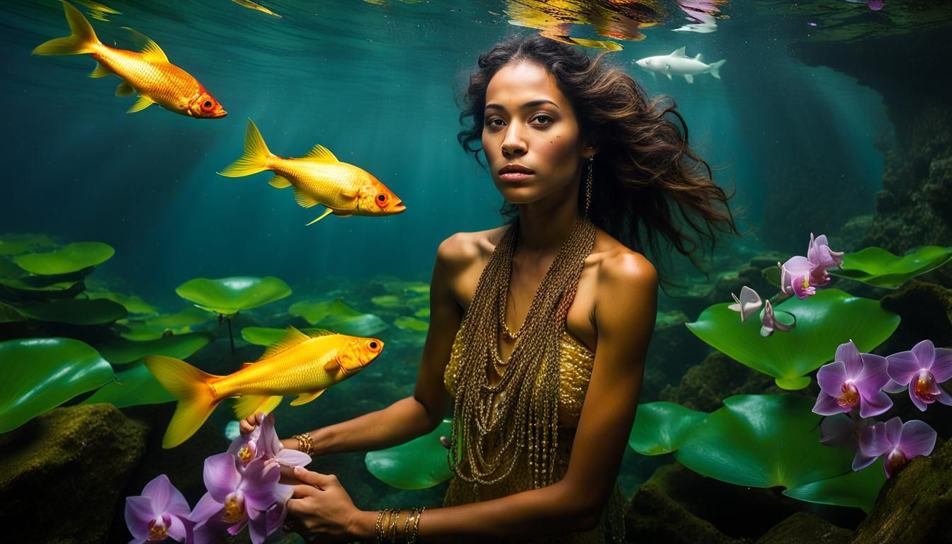 Sunlit Underwater Naiad Portrait in Avedon Style