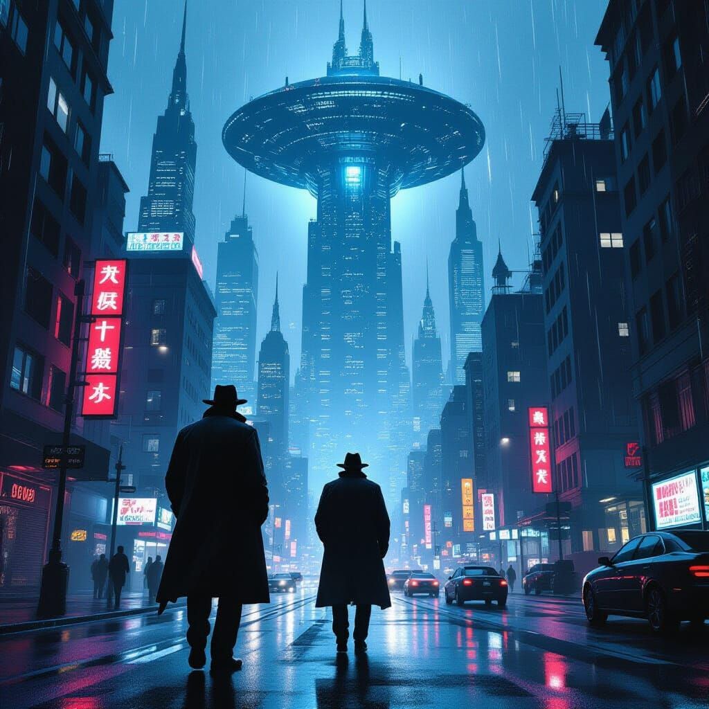 Detective Gazes at Alien Cityscape in Cyberpunk Style