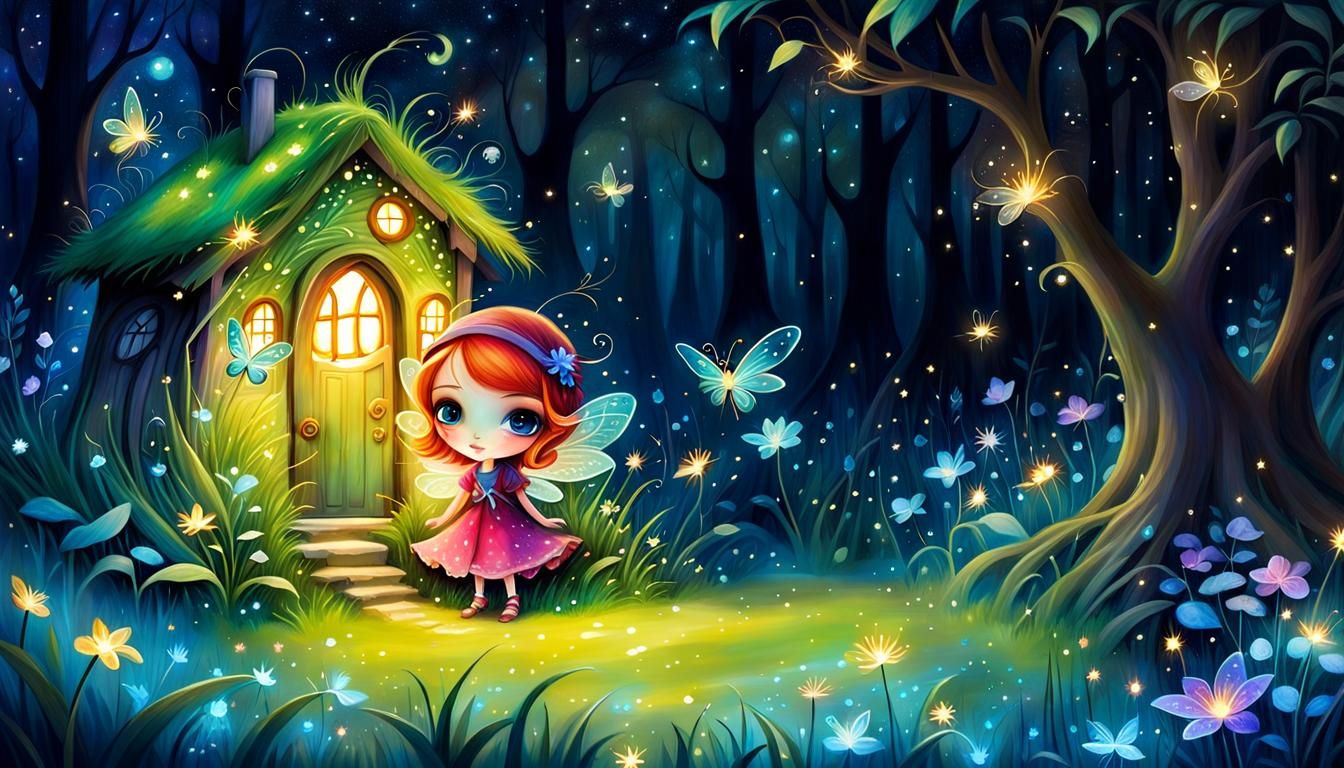 Enchanted Fairy Cottage Dreamscape with Fireflies