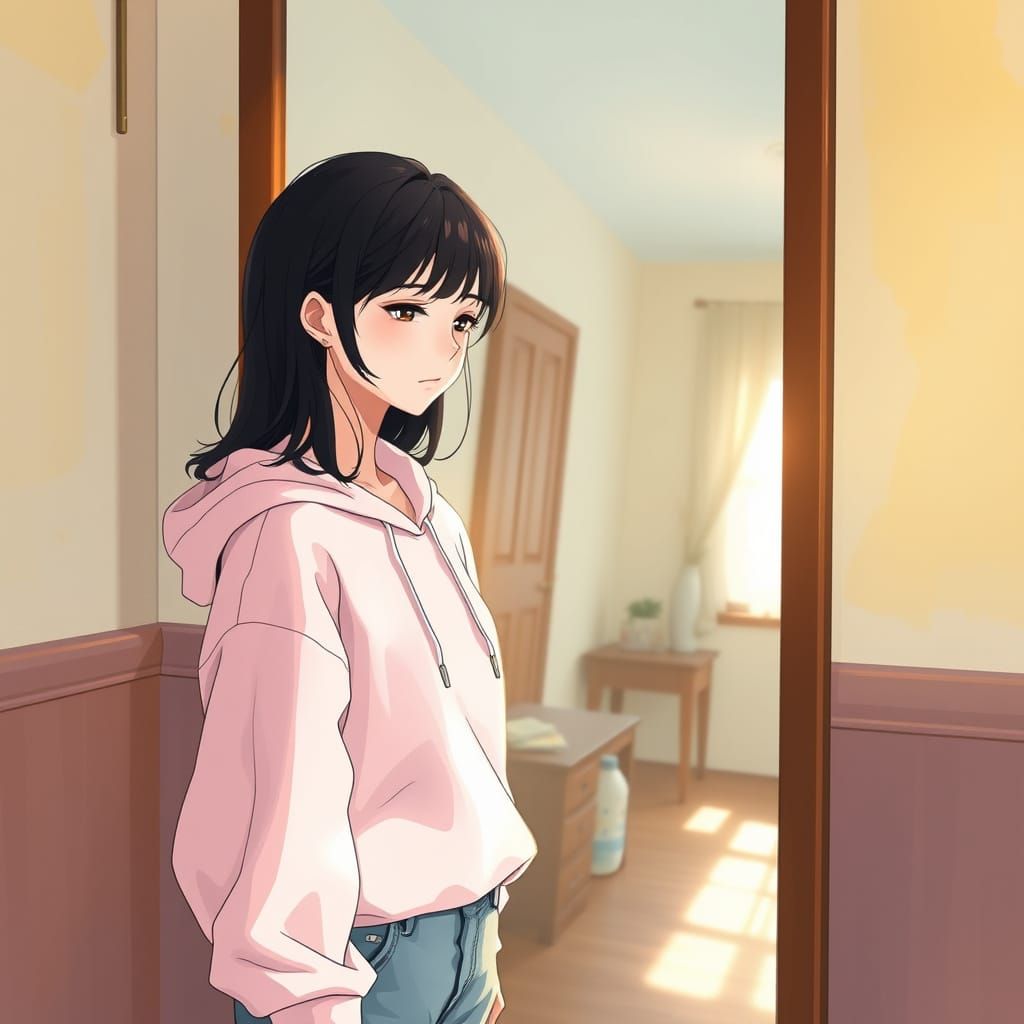 Melancholic Woman in Sunlit Reflection, Anime-Inspired Digit...