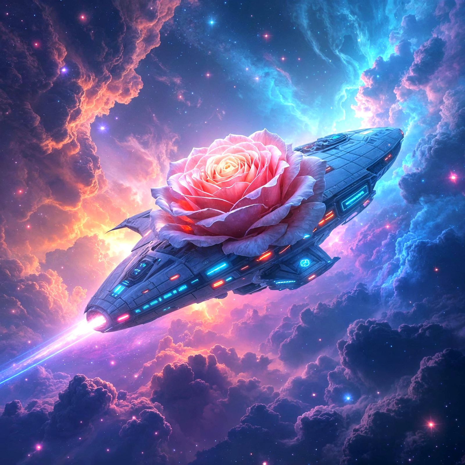 Rose Spaceship Glides Through Colorful Nebula