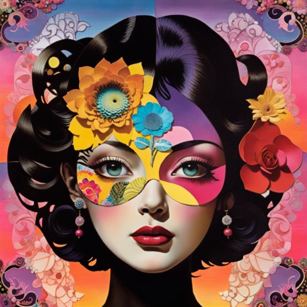 Eclectic Surrealist Collage with Floral and Zentangle Elemen...