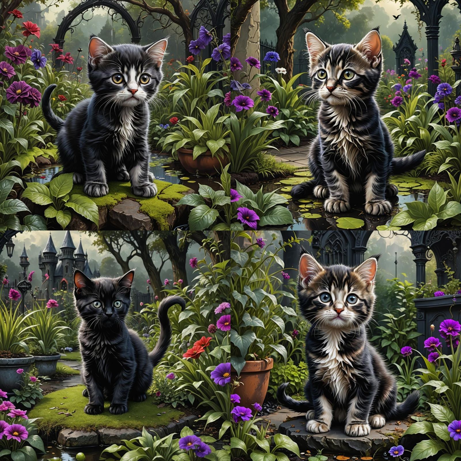 Gothic Kitten in Garden: Digital Illustration