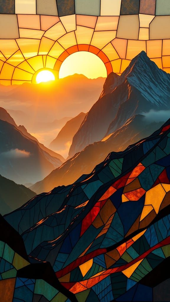 Surreal Stained Glass Sunrise Over Majestic Mountains