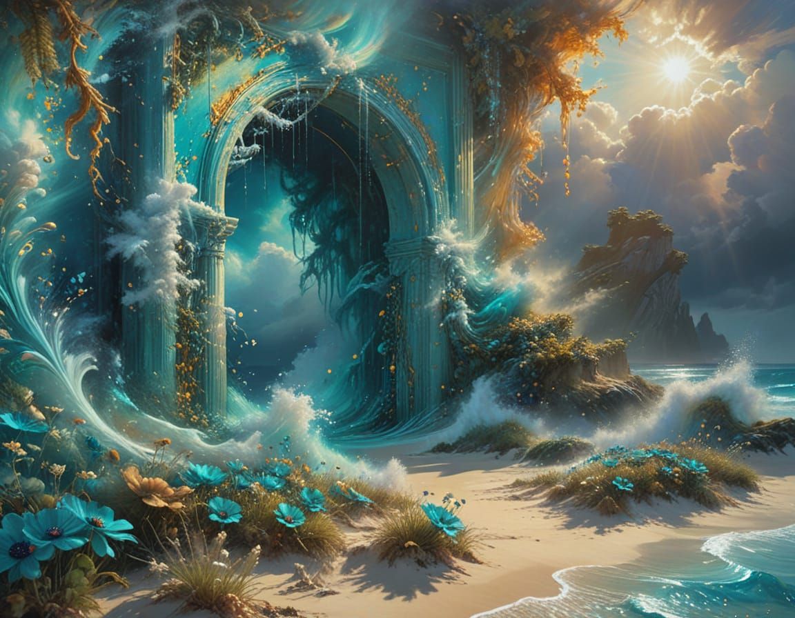 Ethereal Oil Painting of Teal Waves Crashing onto White Sand...