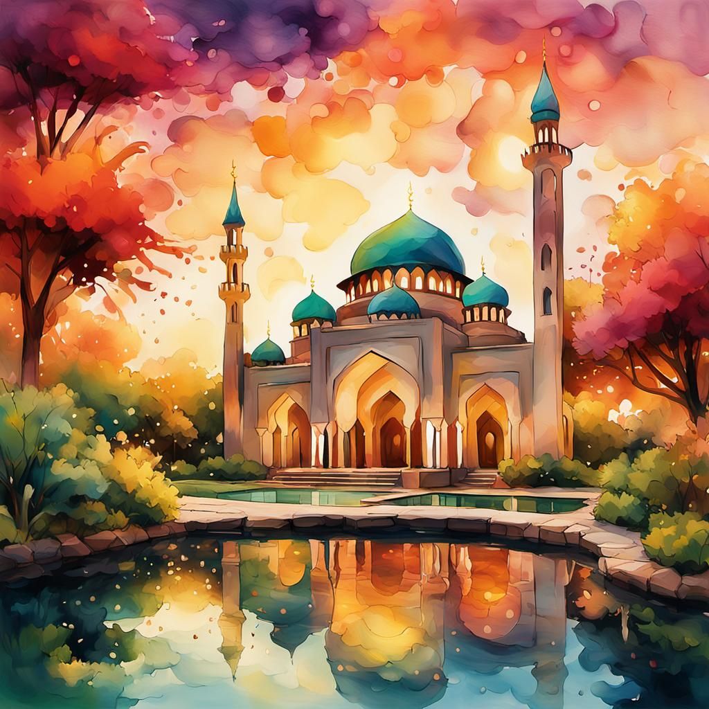 Surreal Mosque Garden at Dusk in Vibrant Abstract Expression...