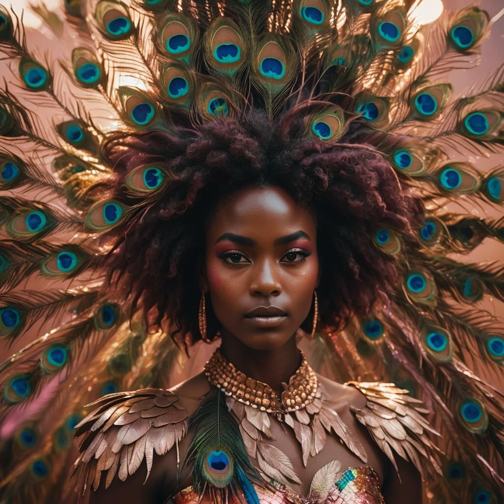 African Woman with Peacock Feathers in Film Aesthetic