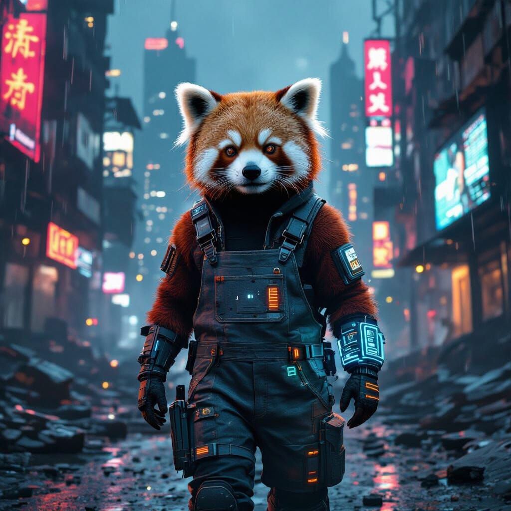 Cyberpunk Red Panda in Neon-Lit City Ruins