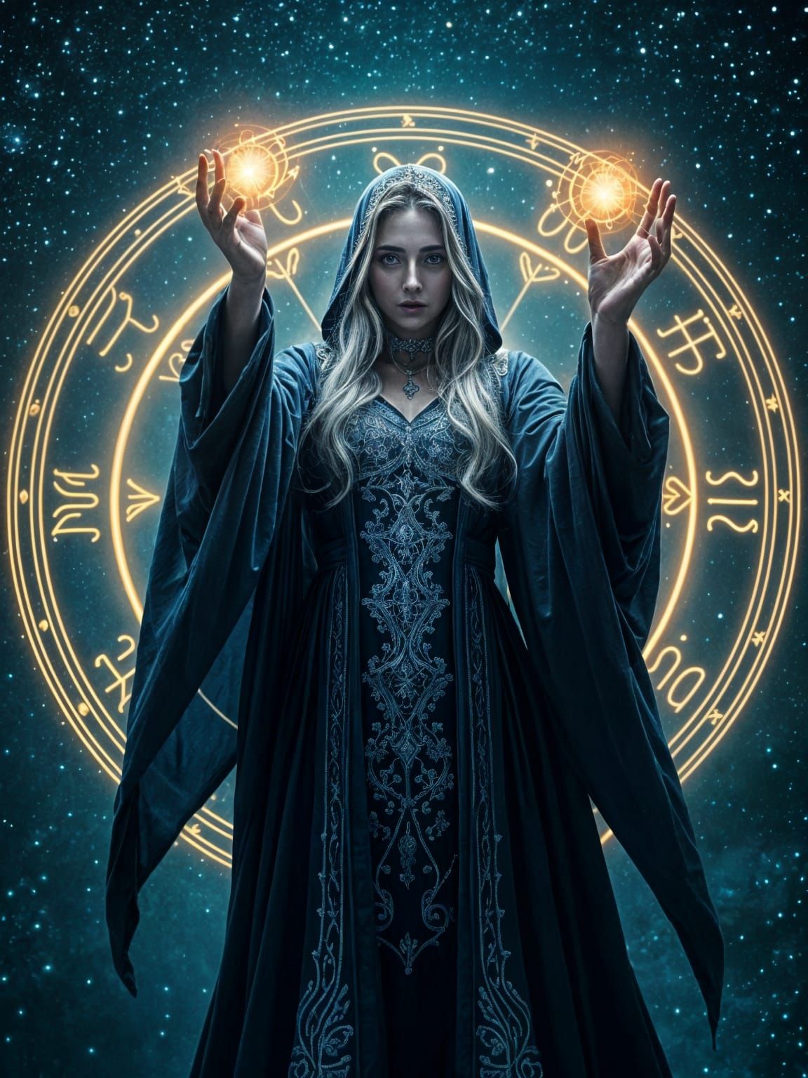 Ethereal Sorceress Conjures Zodiac Magic in Starry Realm