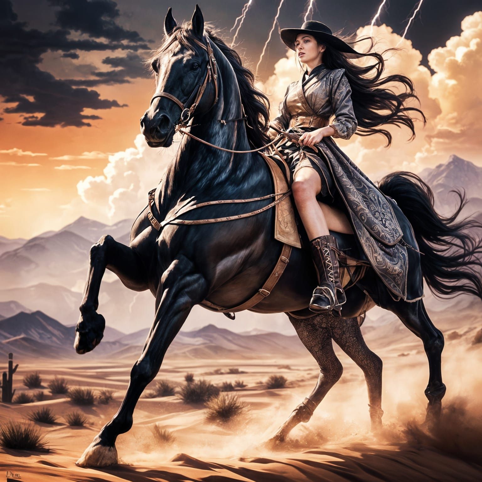 Cowgirl Riding Horse in Desert Thunderstorm, Vintage Style