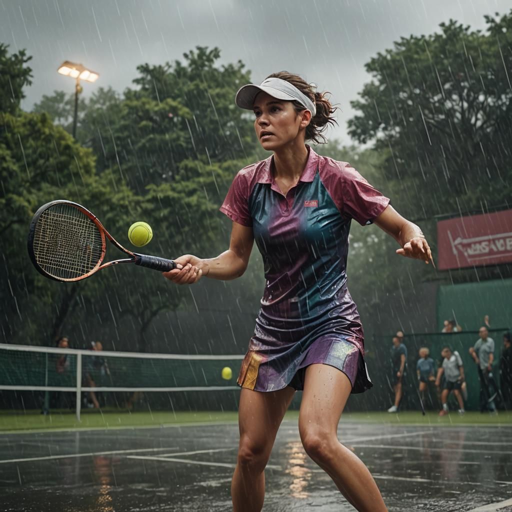 Gay Woman Plays Tennis in the Rain: Digital Matte Painting