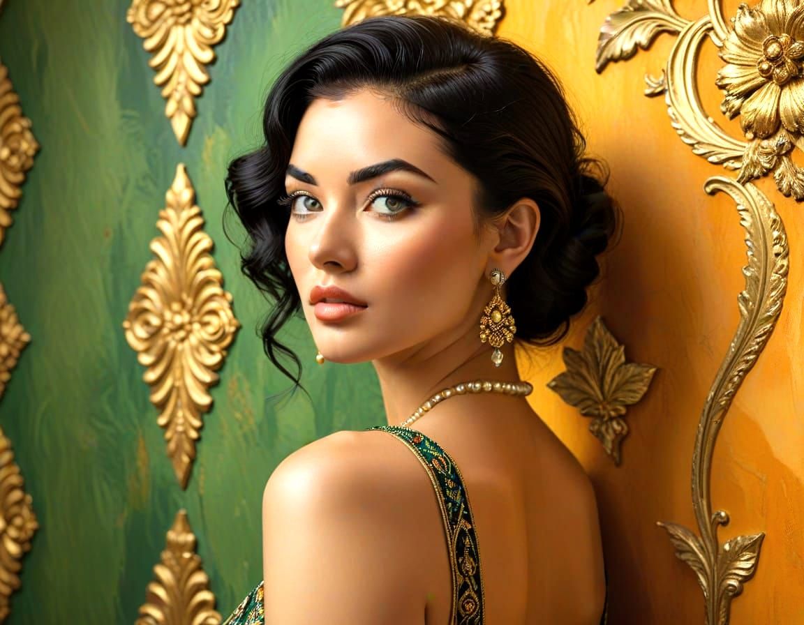 Glamorous Oil Portrait with Pearls in Klimt Style