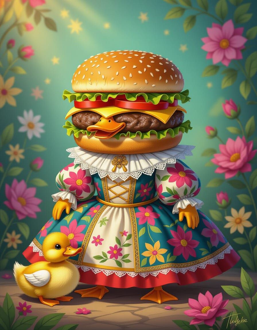 Patchwork Hamburger Portrait with Duck in Floral Setting