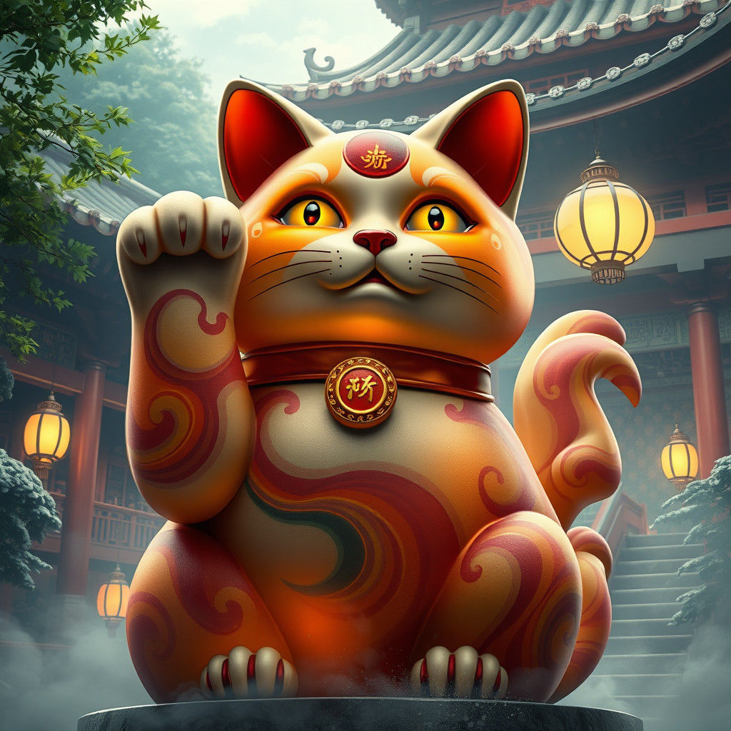 Intricate Maneki-neko Cat with Ornate Japanese Architecture
