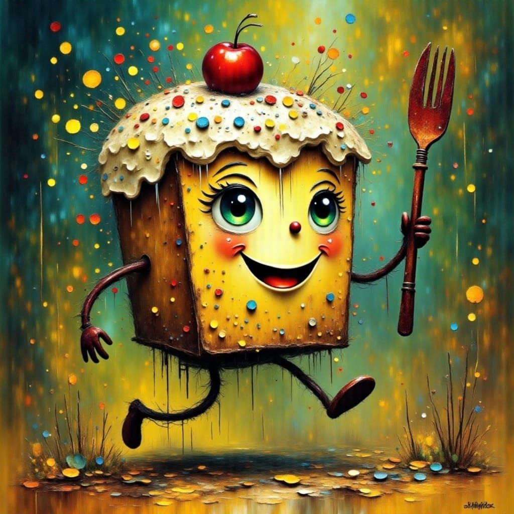 Whimsical Cake Monster in Exaggerated Motion