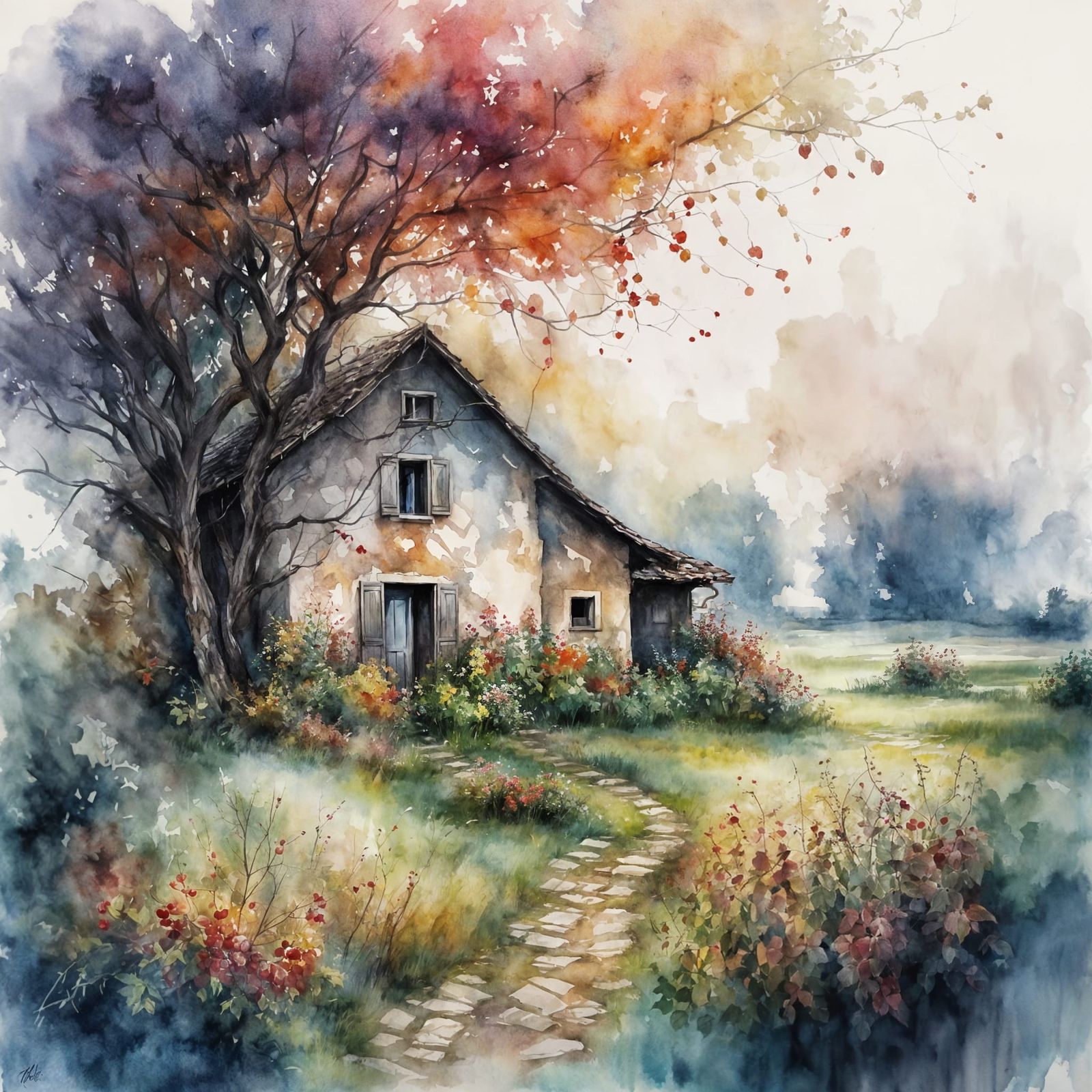 Bordeaux Vineyard Cottage in Whimsical Watercolour Style