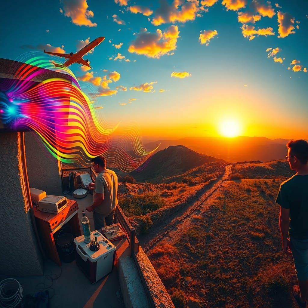 Maximalist Sunset Scene with Sonic Waves