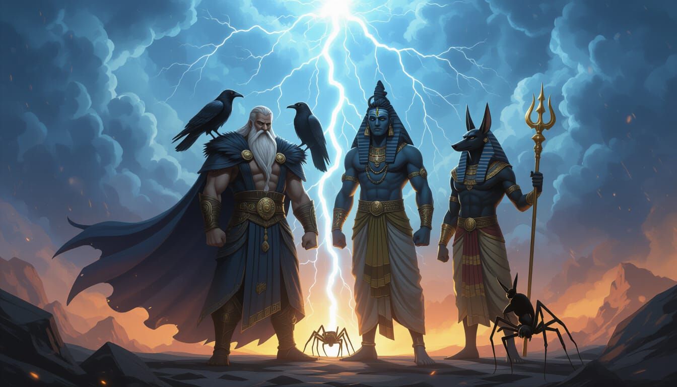 Mythic Gods Unite: Odin, Shiva, Anubis, Anansi in Digital Ar...