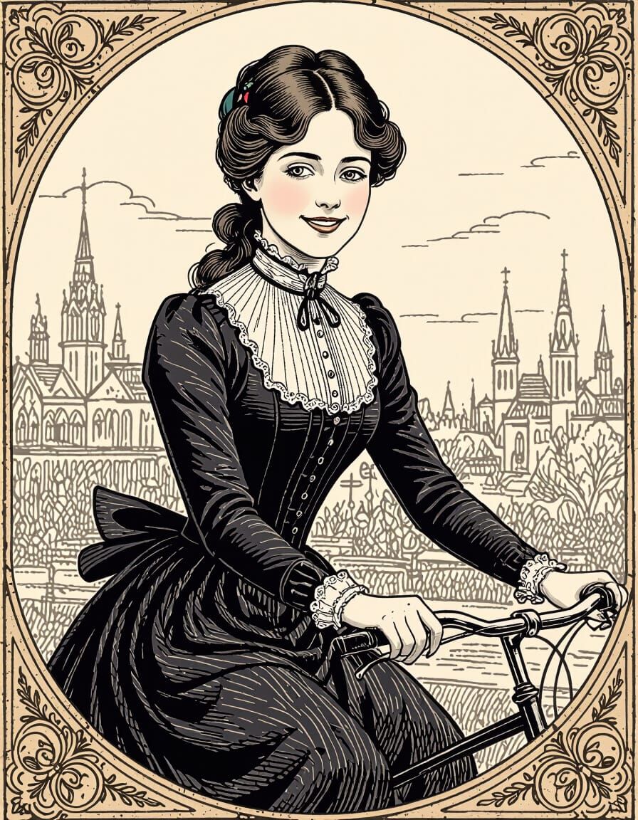 Victorian Woman on Bicycle in Line Art