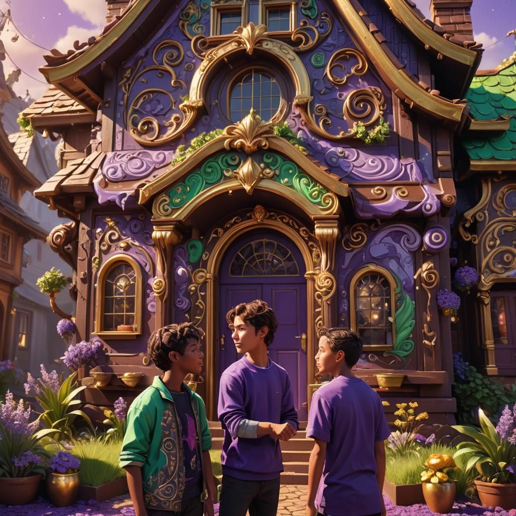 Whimsical Chocolate House with Two Friends: Fantasy Art