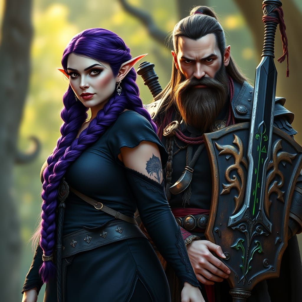 Regal Plus-Sized Elf with Purple Braid and Warrior Companion