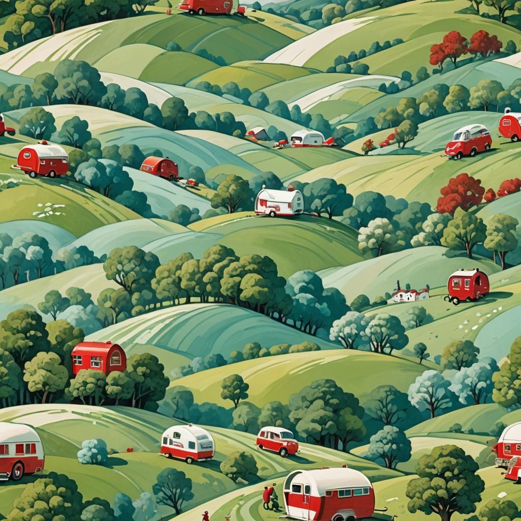 Charming Pastoral Landscape with Vintage Caravan