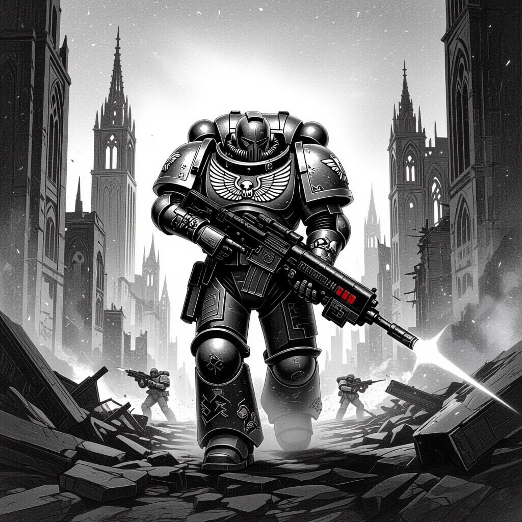 Space Marine in War-Torn City, Pencil Sketch Style