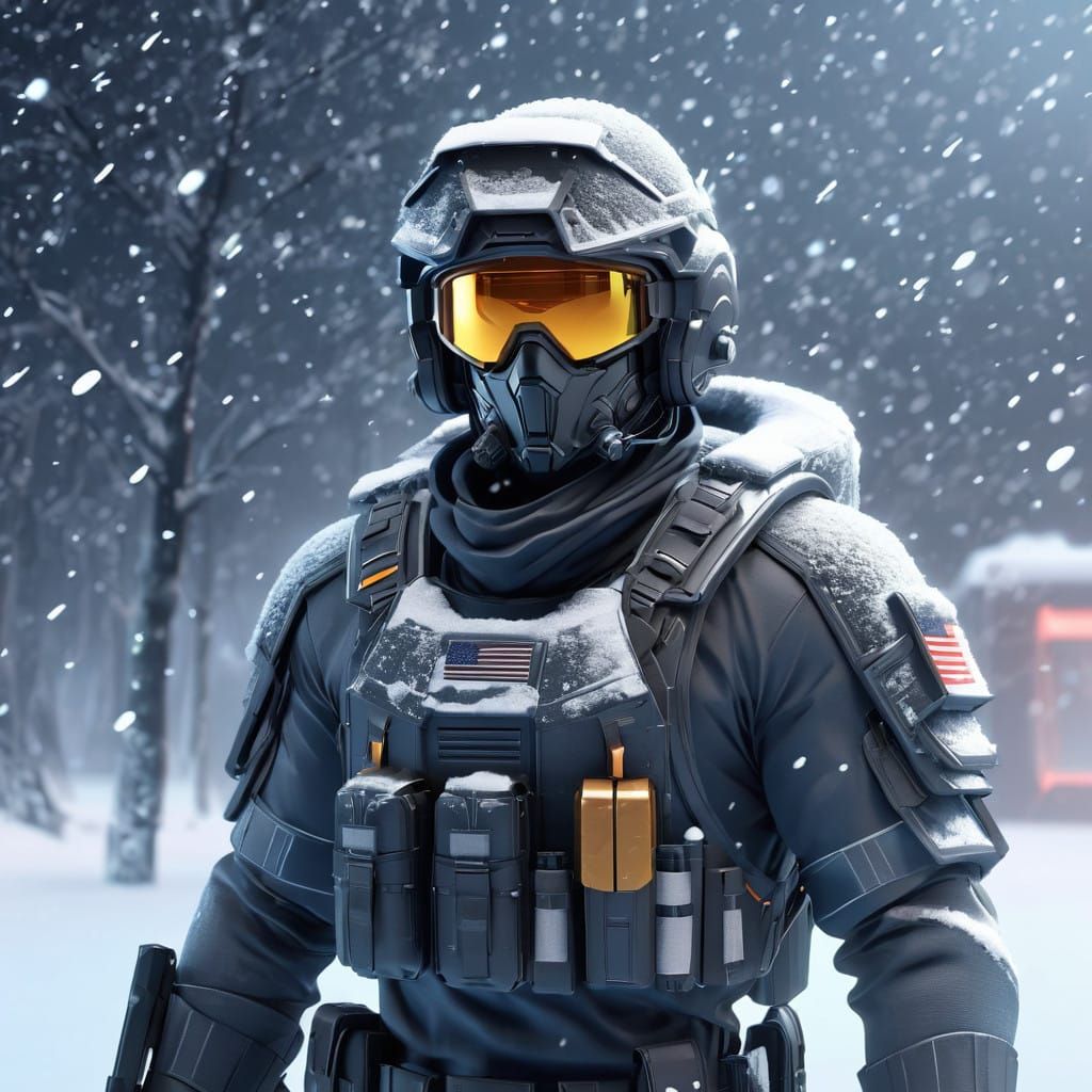 Scifi Soldier Anime Boy in a snow storm...