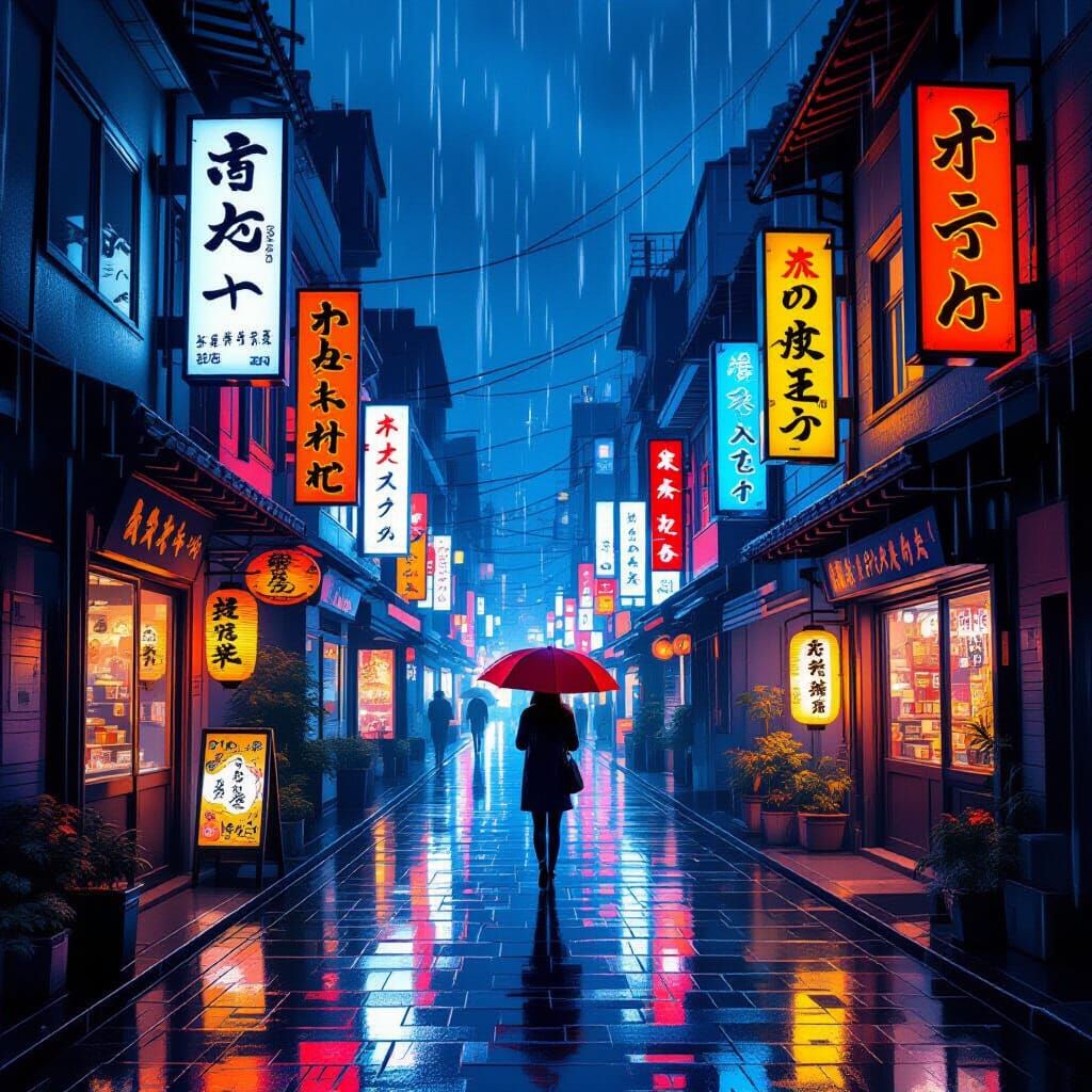 Kyoto Rainy Day: Neon Calligraphy & Reflections