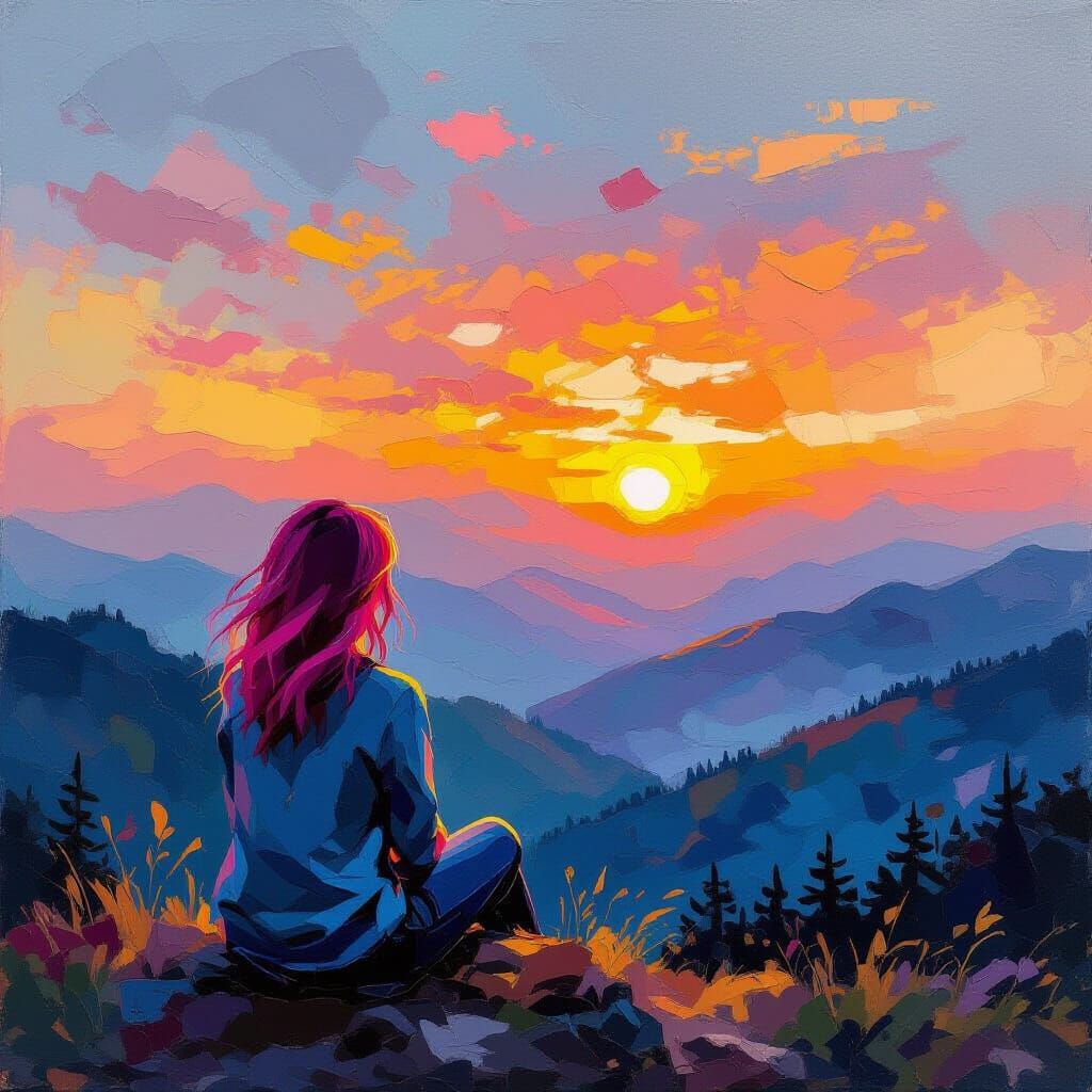 Woman Watches Mountain Sunset in Expressionist Style