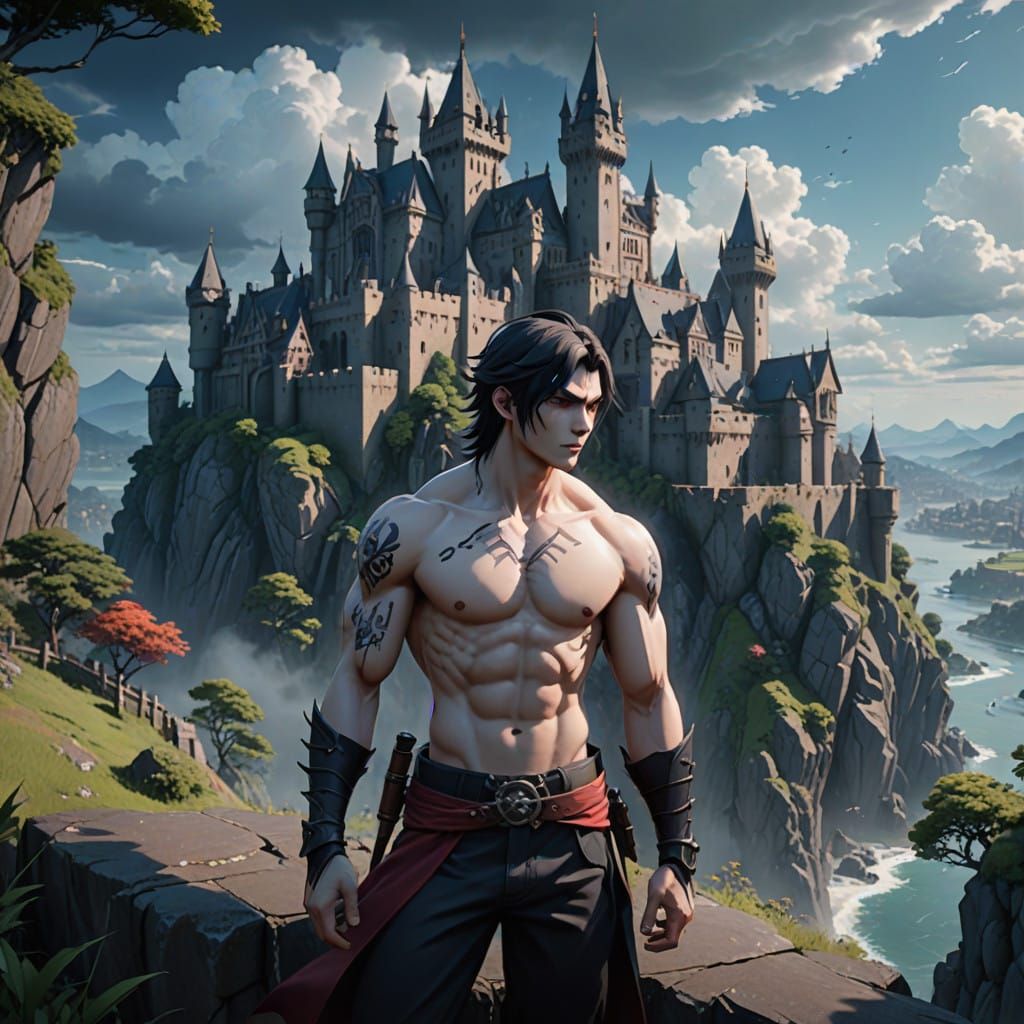 Haunting 3D Anime Vampire on Windswept Cliff, Medieval Castl...