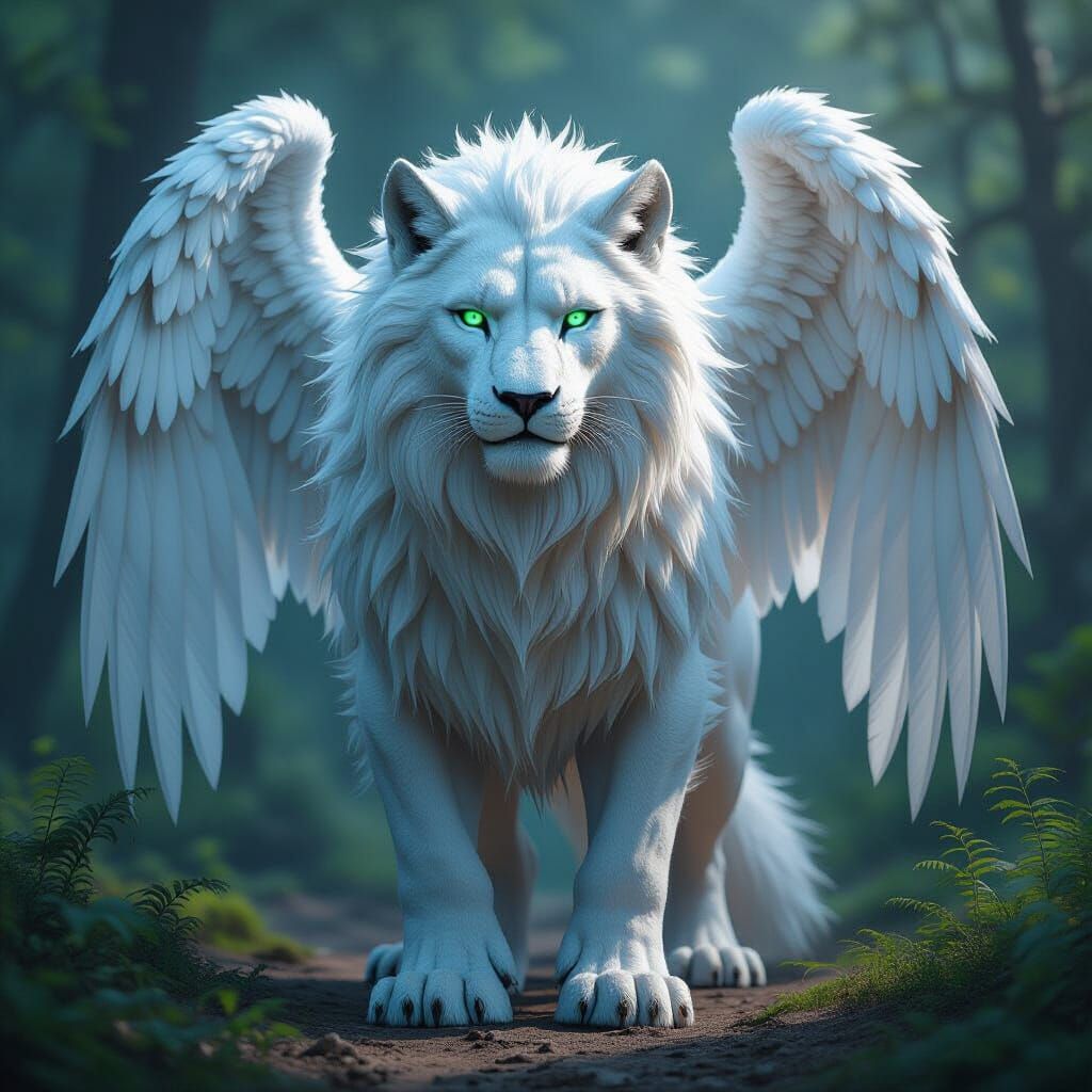 Surreal Lion-Eagle Hybrid with Neon Eyes