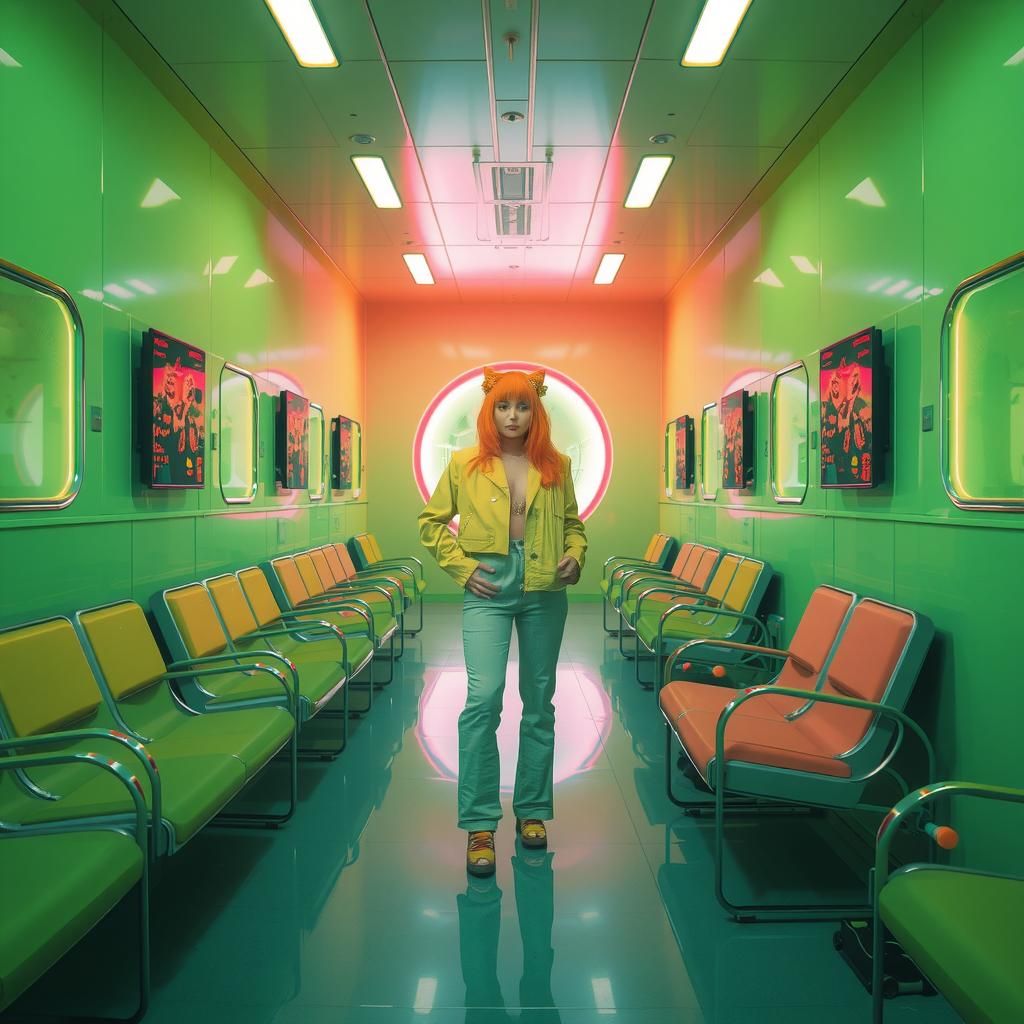 Futuristic Waiting Room with Woman in Pop Art Style