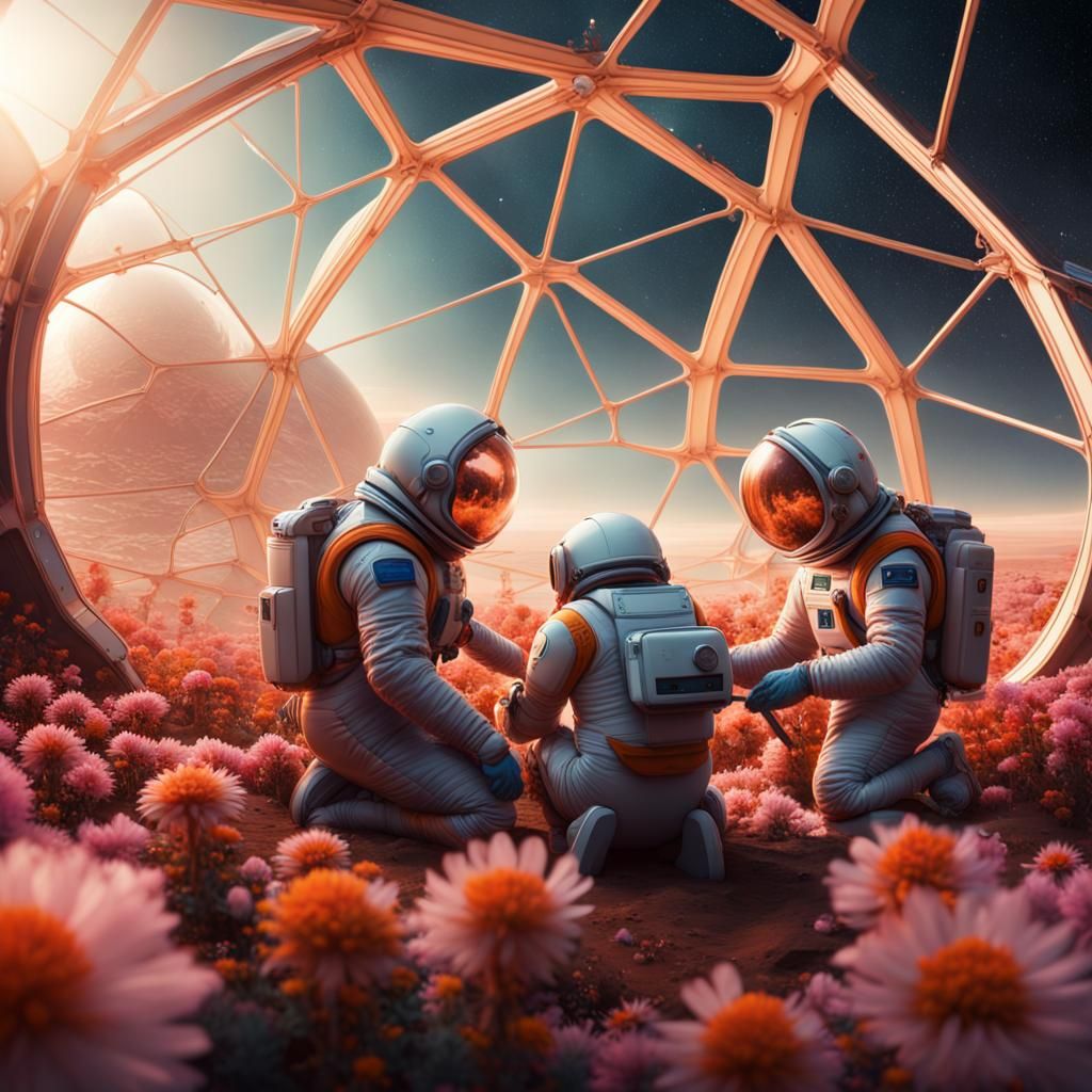 Cats in Spacesuits Tend Martian Flowers