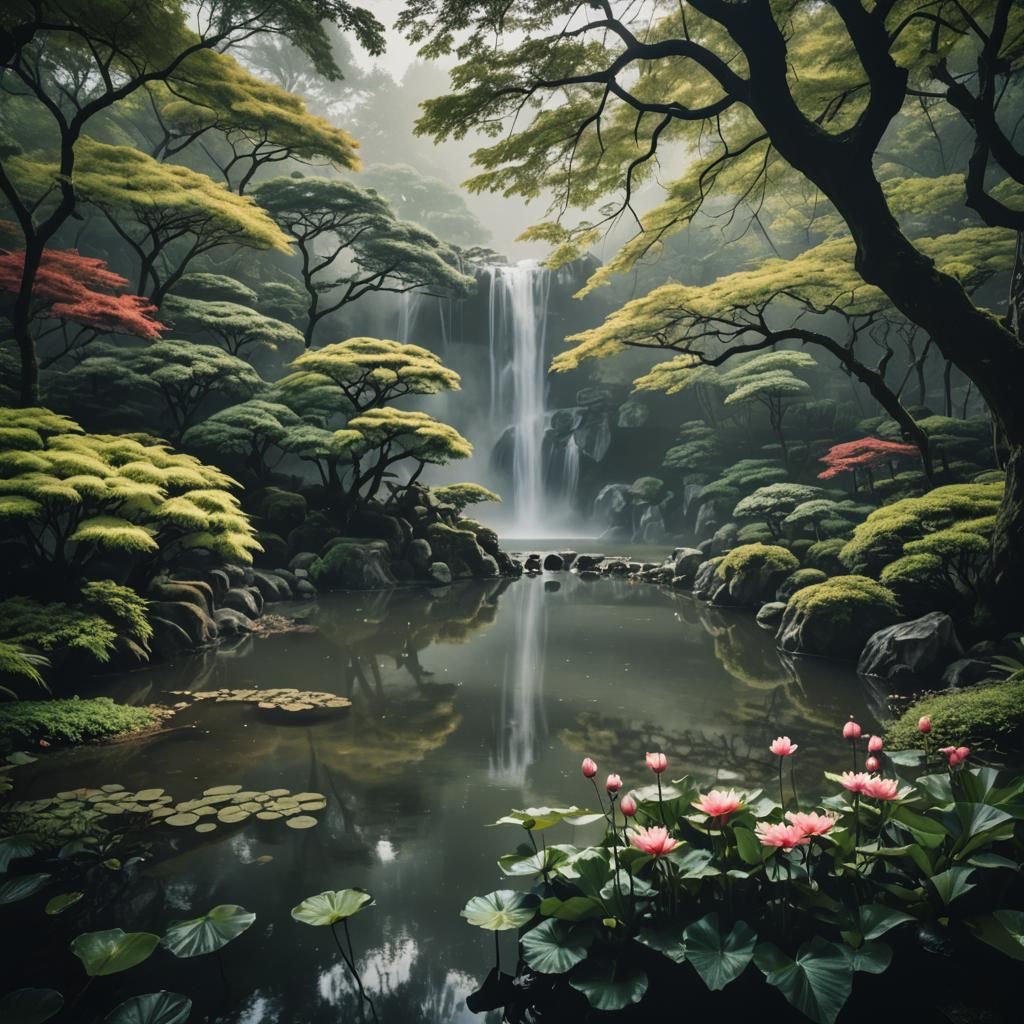 Cinematic Japanese Garden Waterfall Lotus