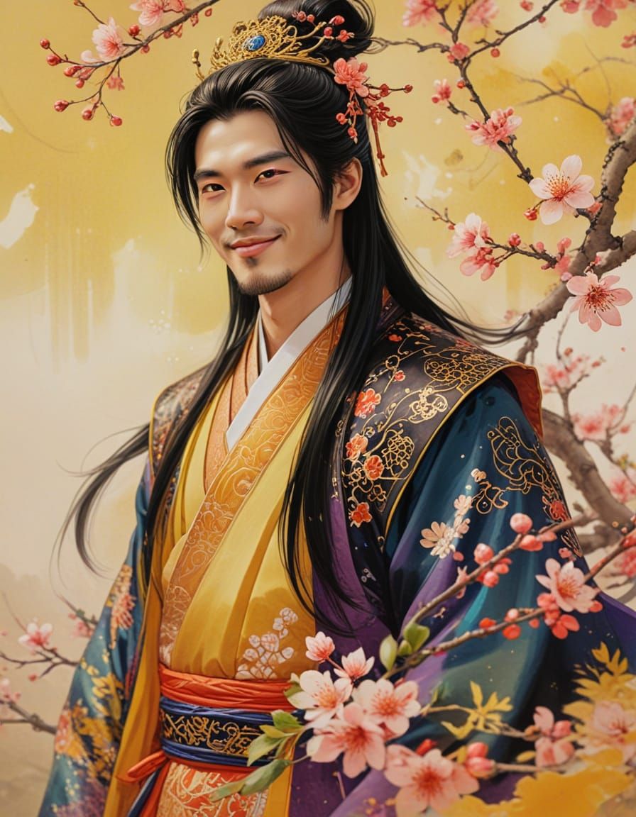 Smiling Prince in Chinese Robe Amidst Plum Blossoms Painting