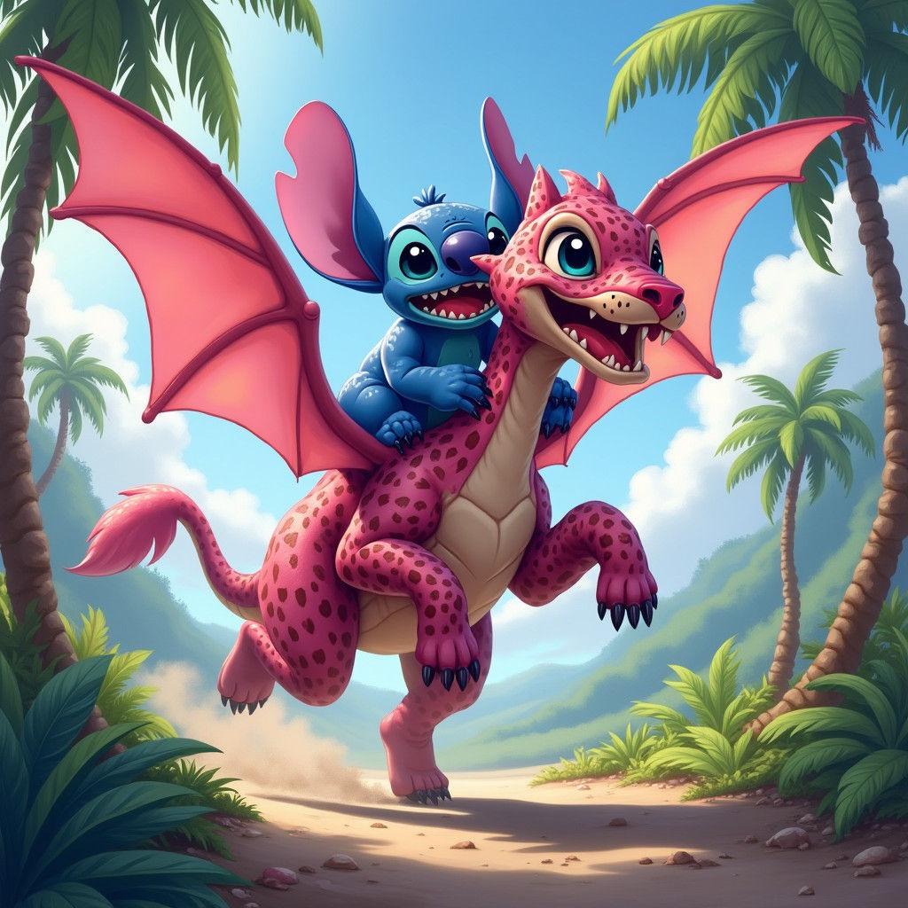 Stitch on Dragonleopard in Dreamlike Illustration