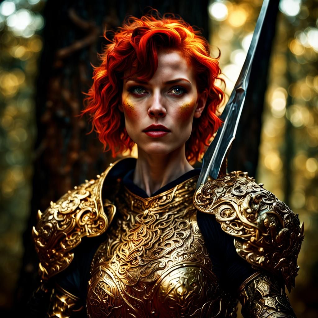 Redhead Warrior with Glowing Eyes in Gold Armor