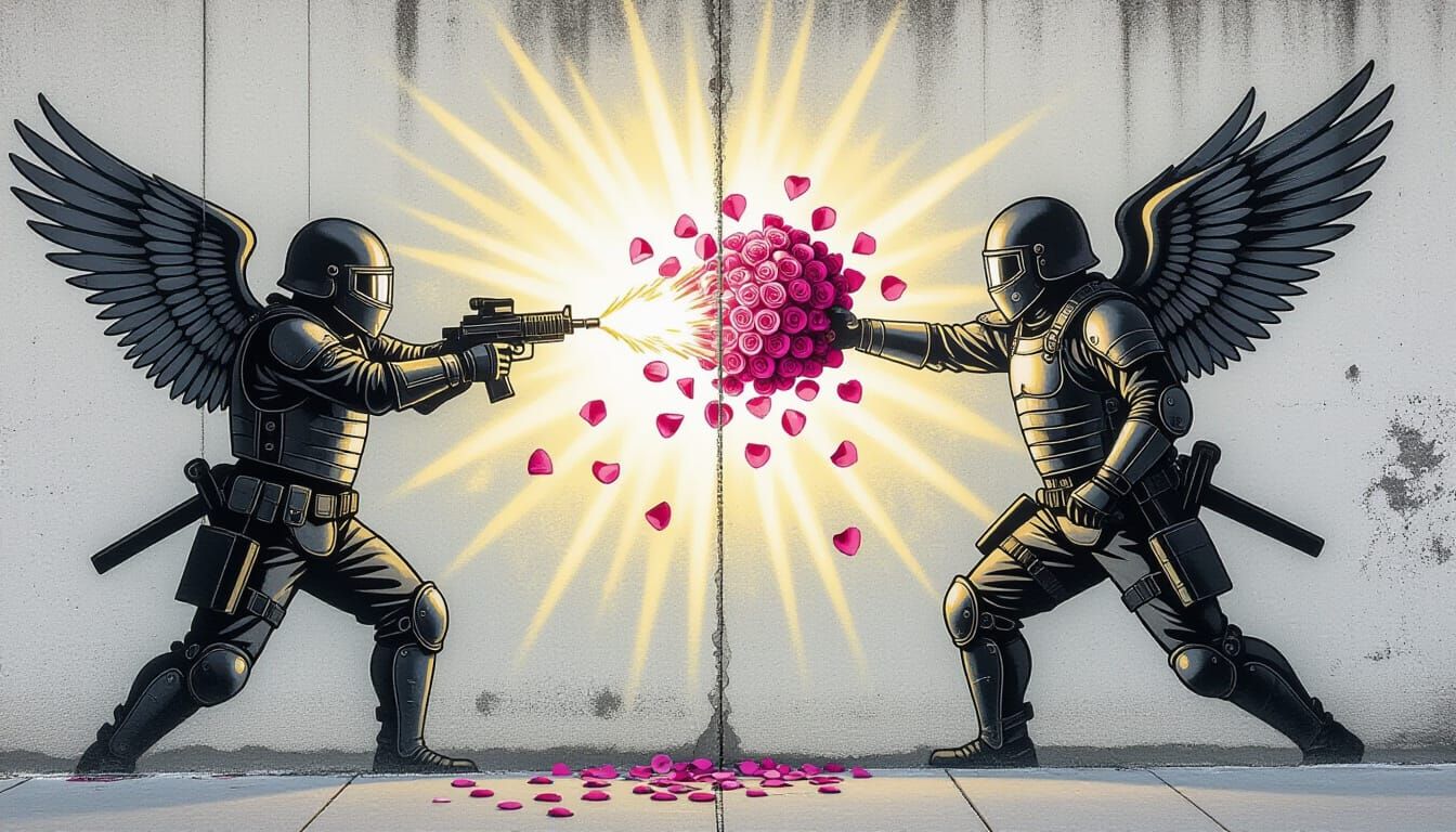 Banksy-Style Wind Gods Throwing Rose Grenade on Concrete