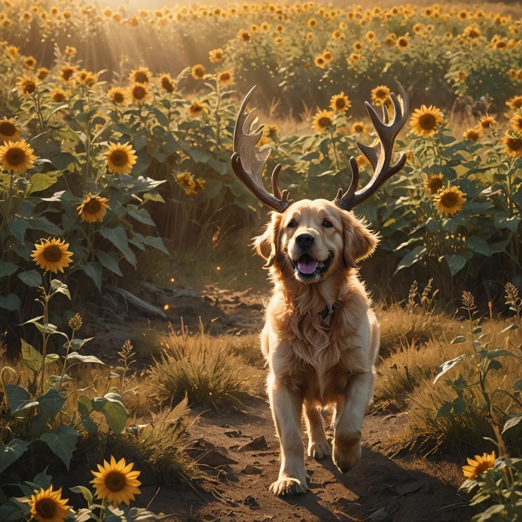 Golden Retriever Puppy with Antlers in Field